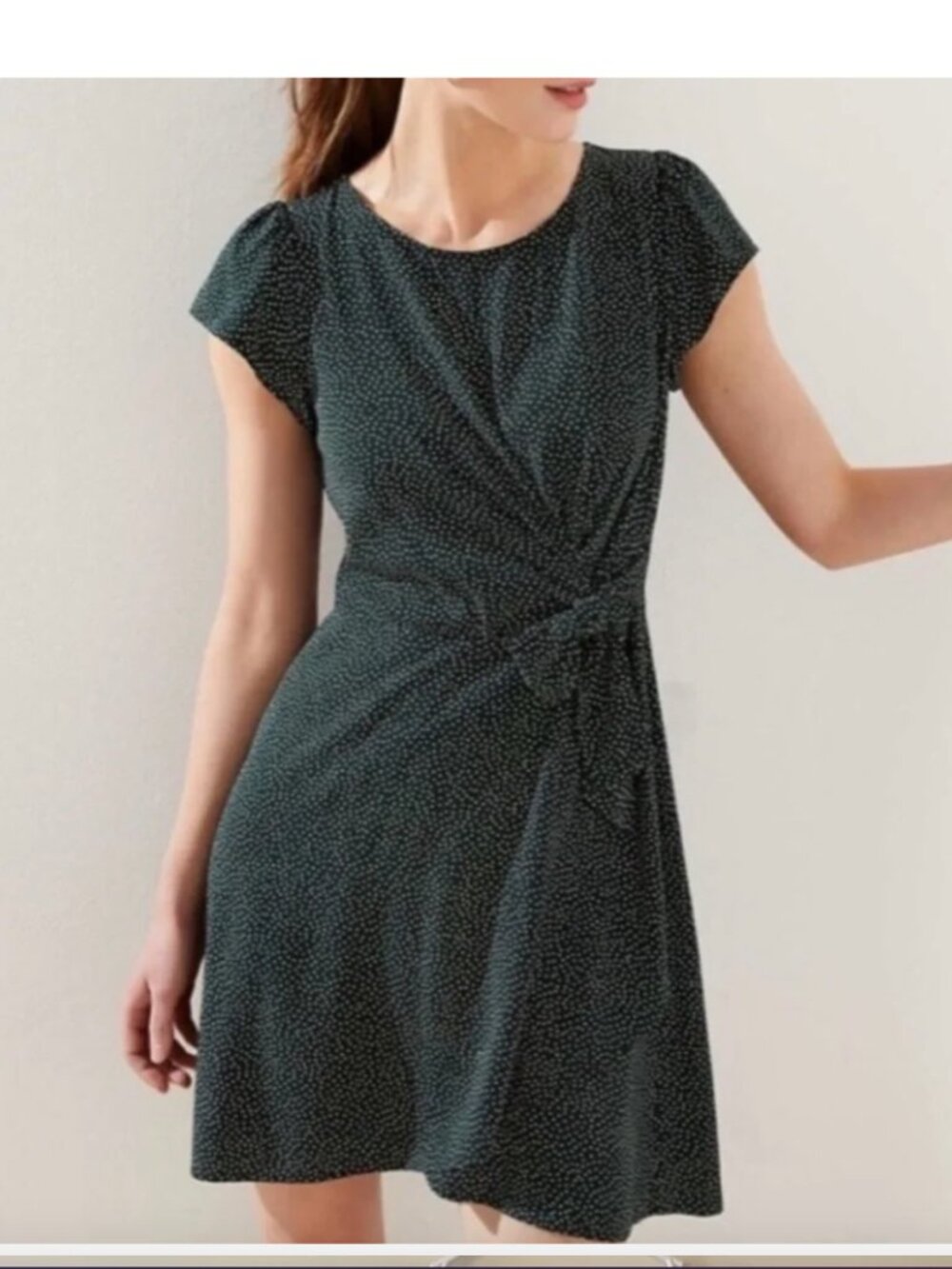 LOFT Hunter Green Polka Dot Faux Wrap Dress Tie Waist Fit & Flare Cap Sleeve - 6